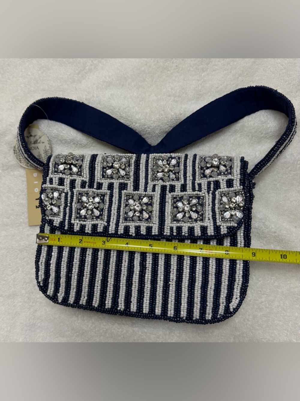 Studio 12 Blue & White Beaded Shoulder Bag Rhinestone Floral New With Tags - Picture 6 of 7